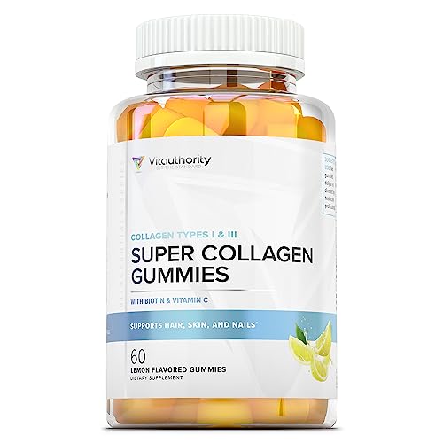 Book Cover Super Collagen Gummies, Best Hydrolyzed Collagen Gummy Supplement for Women and Men, Gluten-Free, Kosher and Halal, Non-GMO, Types I and III for Skin, Joint and Gut Support, Lemon Flavor, 60 Chews