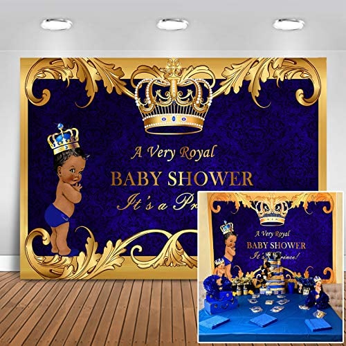 Book Cover Mocsicka Royal Prince Baby Shower Backdrop Black Boy Gold Crown Photography Background 7x5ft Vinyl Little Prince Royal Blue Backdrops for Baby Shower Party