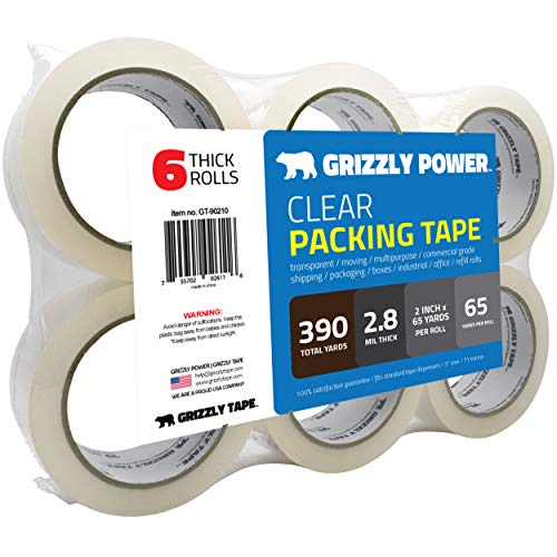 Book Cover Grizzly Power Clear Packing Tape Refill Rolls for Shipping, Moving Packaging - True 2 Inch x 65 Yards, 2.8mil Thick, 6 Rolls