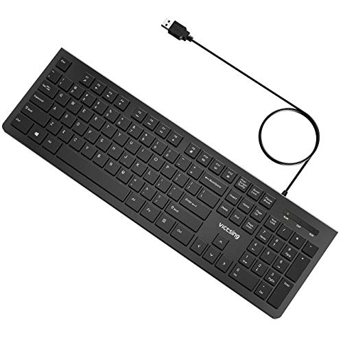 Book Cover VicTsing Wired Keyboard Slim, Computer Keyboard USB Keyboard with Foldable Stand, Chiclet Keyboard for Windows 7/8/10/Vista, Mac/Laptop/Desktop-Black