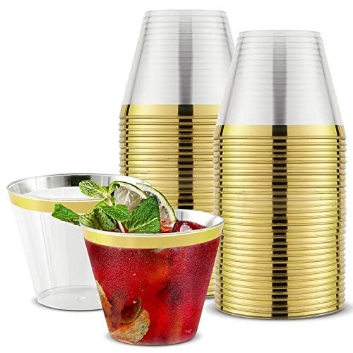 Book Cover Stock Your Home 9 oz Gold-Rim Disposable Plastic Cups (100 Pack) Elegant Tumblers Glasses for Parties, Weddings, Holidays, Dessert Tumbler, Bulk Drinking Cup for Fruit Punch, Cocktails, Wine