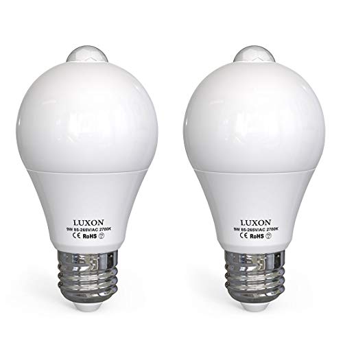 Book Cover Motion Sensor Light Bulb Dusk to Dawn Built-in PIR Motion Detector Bulbs 9W 2700K Warm White Auto On/Off E26 Base for Stair Porch Garage 2-Pack by LUXON