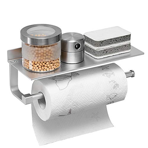 Book Cover BESy Adhesive Paper Towel Holder Wall Mounted for Kitchen 13 in, Bathroom Tissue Roll Hanger with Storage Shelf, Space Aluminum, Self Adhesive with Glue or Wall Mount with Screws, Dull Polished Silver