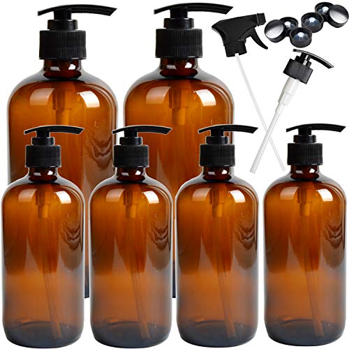 Book Cover Youngever 6 Pack Empty Amber Glass Pump Bottles, 2 Pack 16oz 4 Pack 8oz Pump Bottles Refillable Containers Essential Oils, Cleaning Products, Lotions, Aromatherapy, Durable Black Pumps