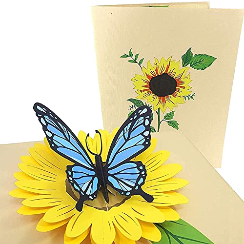 Book Cover PopLife Blue Butterfly and Sunflower Pop Up Mother's Day Card - 3D Anniversary, Valentine's Day Card, Thank You, Happy Birthday - for Mom, for Wife, for Daughter, for Sister