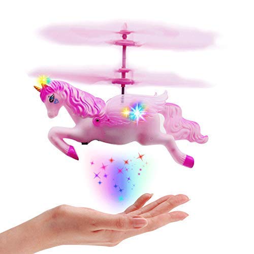 Book Cover Flying Unicorn Drone Toys Gifts for Girls Age 6 7 8 9-14 Years Old, Pink Mini Hand Control Flying Helicopter Unicorn Fairy Doll Toys