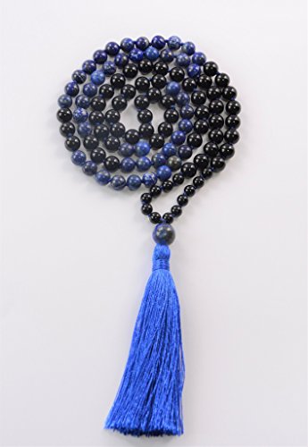 Book Cover OKIKO Gemstone 108 Mala Beads Necklace Chakra Boho Statement Long Chain Tassel Meditation Yoga Jewerly Handmade