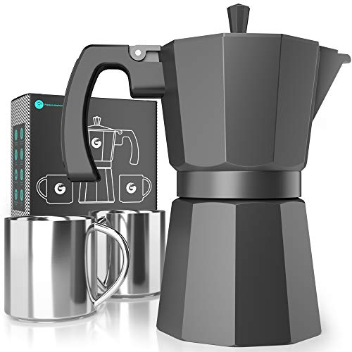 Book Cover Moka Pot Stovetop Espresso Maker - Coffee Gator, Rapid Stove Top Coffee Brewer - Includes 2 Stainless Steel Cups - 350ml/6 Cup Brewing Capacity