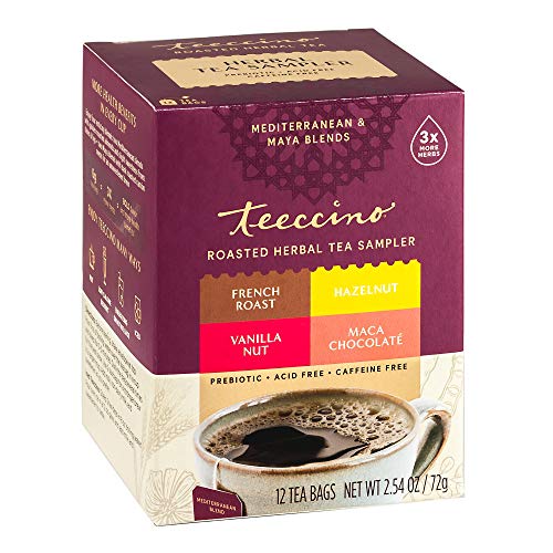 Book Cover Teeccino Herbal Tea Sampler Assortment - Maca Chocolaté, French Roast, Hazelnut, Vanilla Nut - Roasted Caffeine Free Herbal Tea, Prebiotic for Natural Energy, 12 Tea Bags