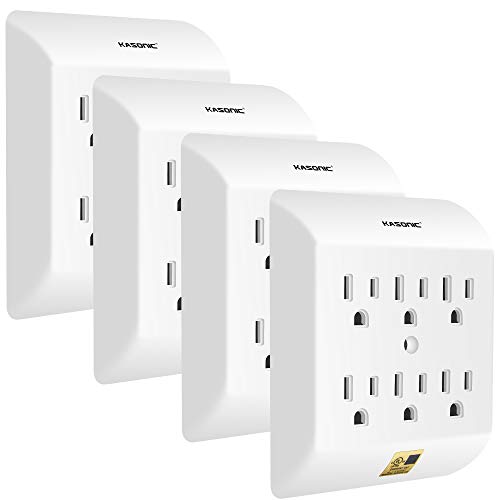 Book Cover Kasonic Multi Plug Outlet 4 PACK, Wall Mount power strip with 6 Outlet Tap; Grounded Wall Plug Extender, Easy-to-Install, UL Listed, for Home/School/Office, White