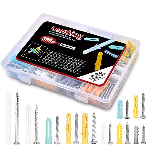 Book Cover LEANKING Screw and Anchor Kit 300Pcs, Plastic Drywall Wall Anchors Screw Assortment Kit for Mounting, Repairing, Building