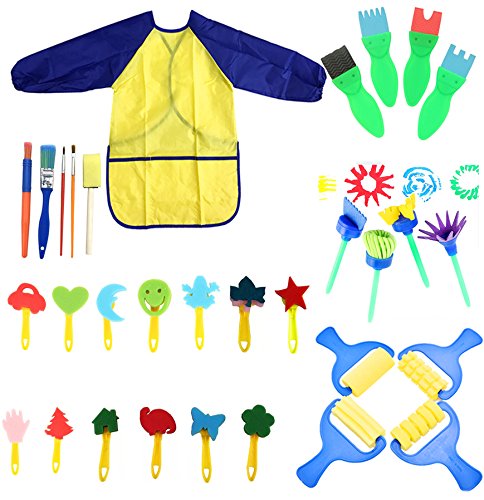 Book Cover YallFairy Paint Sponges for Kids, 31 pcs of fun Paint Brushes for Toddlers Learning Toys Sponge Brush Flower pattern brush set Long Sleeve Waterproof Apron