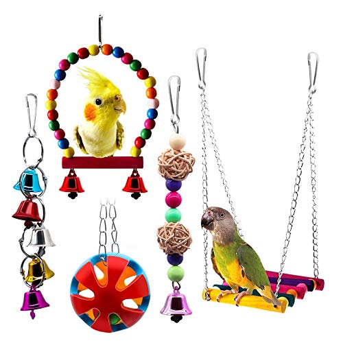 Book Cover BWOGUE Bird Swing Toys with Bells Pet Parrot Cage Hammock Hanging Toy Perch for Budgie Love Birds Conures Small Parakeet Finches Cockatiels (5 Pack)