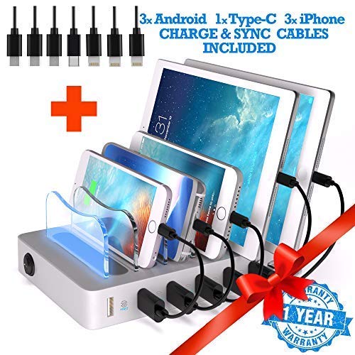 Book Cover 6 USB Charging Station For Multiple Devices - FAST Multiple Usb Charger Multi Port Hub - NO BUZZ Nightstand Charging Station Organizer Dock - Smart Cell Phone Docking Station LED iPhone Charger Stand