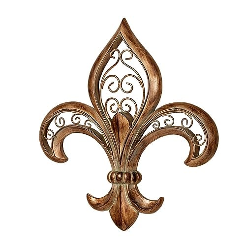 Book Cover Adalina Fleur de Lis Wall Art Burnished Gold - Made of Resin, Metal Scroll Decor - French Traditional Style - Roman Emblem For Home - Measures 16 Inches Wide, 17 Inches High