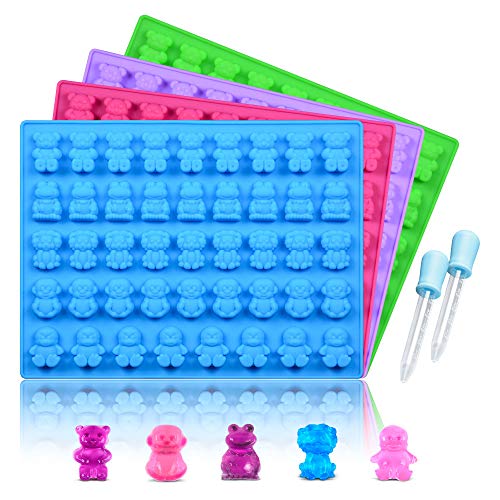 Book Cover Silicone Candy Gummy Bear Molds - Chocolate Molds Including Bears, Frogs, Lions, Monkeys, Penguins Gummie Molds Premium Silicone BPA Free, Pinch Test Approved Pack of 4 with 2 Droppers
