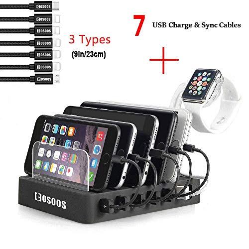 Book Cover Charging Station for Multiple Devices,COSOOS USB Charger Station with 5 Short lPhone Charger Cables,1 Type-C,1 Micro Cable,lWatch Stand,6-Port USB Charging Station for iPad,Tablet,Kindle(UL Certified)