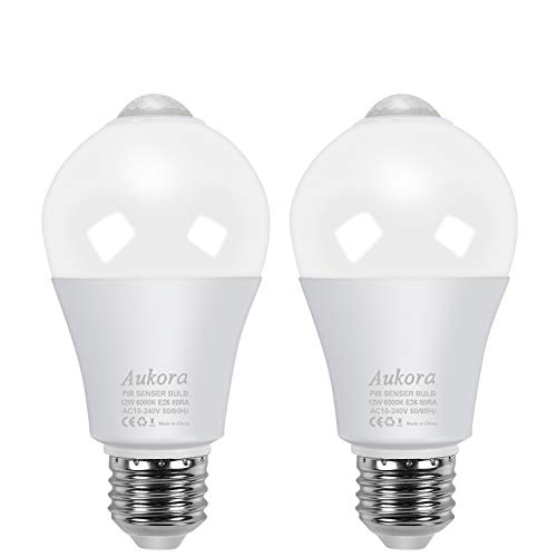 Book Cover Motion Sensor Light Bulbs, Aukora 12W (100-Watt Equivalent) E26 Motion Activated Dusk to Dawn Security Light Bulb Outdoor/Indoor for Front Door Porch Garage Basement Hallway Closet(Cold White 2 Pack)