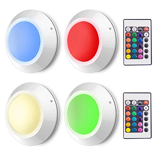 Book Cover HONWELL Wireless Puck Lights 4Pack Under Cabinet Lights AA Battery Powered 16 Colours Changing Closet Lights Christmas Lights Remote Controlled Mirror Lights Picture Lights Stick on Room