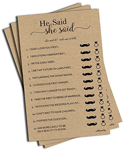 Book Cover 50 He Said She Said Bridal Shower Game Kraft Rustic (50-Sheets) Wedding Bridal Shower Engagement Bachelorette Anniversary Party Game Ideas (Large Sheet Size)