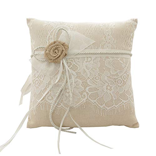 Book Cover Amajoy Vintage Rustic Burlap Lace Wedding Ring Pillow 7.5 inch x 7.5 inch
