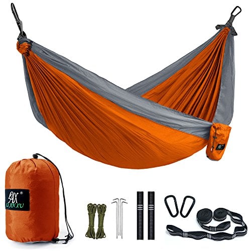 Book Cover Camping Hammock, LAX Portable Double Durable Hammock for Backpacking, Travel, Hiking, Beach, Yard, Multi-Functional Lightweight Nylon Parachute Hammocks with Heavy Duty Straps (Orange/Gray)