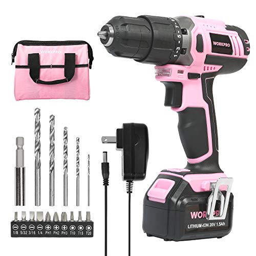 Book Cover WORKPRO Pink Cordless 20V Lithium-ion Drill Driver Set (1.5Ah), 1 Battery, Charger and Storage Bag Included