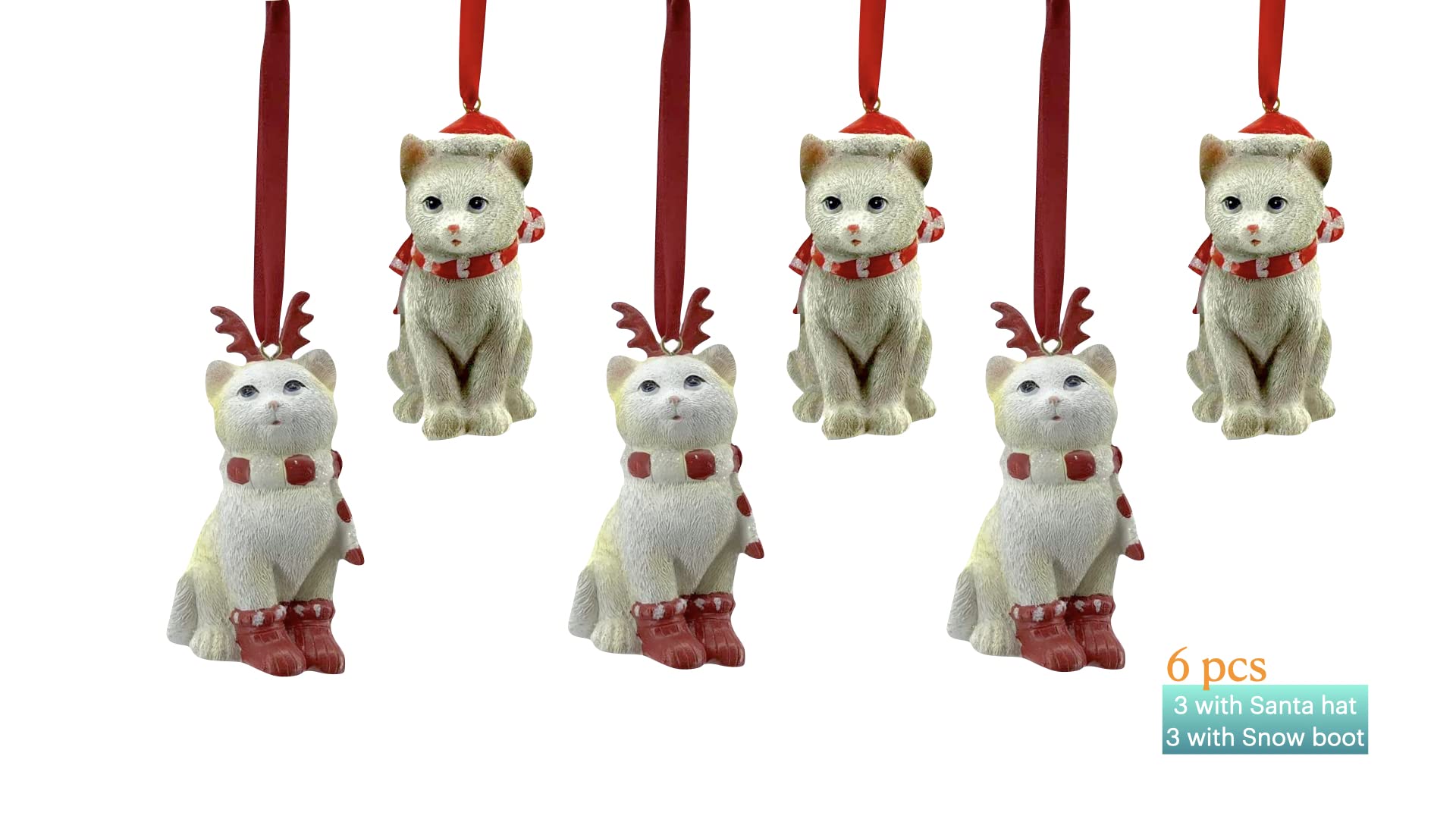 Book Cover Comfy Hour Cats Wearing Scarf, Santa Cap, Reindeer Antler Headwear and Socks Ornaments, 3-inches(Height), Polyresin, Set of 6, Winter Holiday Collection