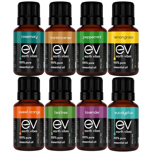 Book Cover Earth Vibes Top 8 Essential Oil Set for Diffusers, 100% Pure Therapeutic Essential Oils for Relaxation & Wellness, Aromatherapy Oils Gift Set, Peppermint, Tea Tree, Lavender, Eucalyptus (8 x 10mL)