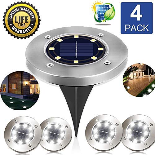 Book Cover Solar Ground Lights In-Ground Lights Outdoor Solar Lights 8 LEDs Landscape Lights Waterproof Pathway Walkway Pool Area Landscape Lights, White Light, 4 pack