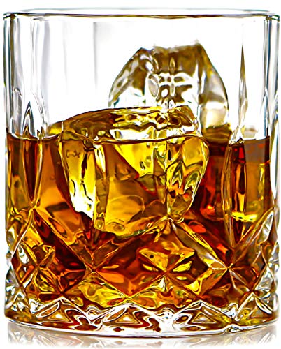 Book Cover ELIDOMC Lead Free Crystal Whiskey Glasses (Set of 4), 11 Oz Unique Bourbon Glass, Ultra-Clarity Double Old Fashioned Glasses