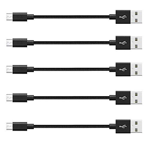 Book Cover Charger, Micro USB Nylon Braided Short Cable Fast USB Charging Cord for for External Battery Charger, Samsung, HTC, LG, Android and More (5 Pack) 8 Inch - Black