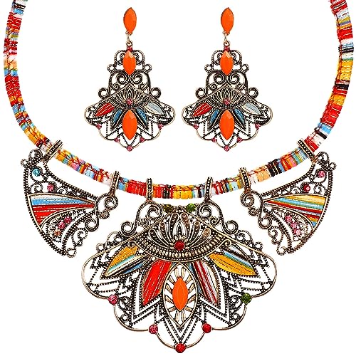Book Cover LUOEM Fashion Handmade Ethnic Set Bib Necklace Earrings Multicolor Boho Vintage Statement Jewelry for Women Jewelry (Colorful)