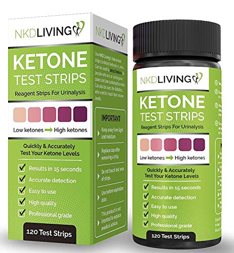 Book Cover Ketone Test Strips by NKD Living (120 Strips in 2 x 60 Keep Fresh Packs) Accurately Detect and Measure Your State of ketosis in Seconds.