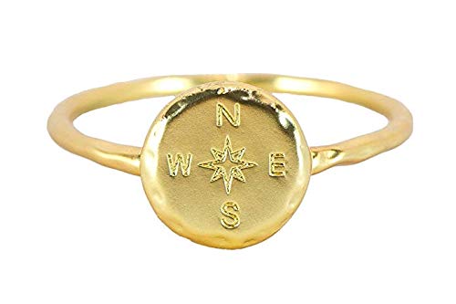 Book Cover Pura Vida Gold Plated Compass Ring - Hammered Metal Brass Base .925 Sterling Silver - Size 5-9