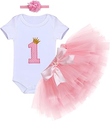 Book Cover Baby Girls First Birthday Clothes One-Piece Bodysuit 1st Crown Romper+Ruffle Tulle Skirt+Bowknot Headband 3PCS Set Toddler Infant Smash Cake Outfits for Casual Photo Shoot Pink Age 1 Year Old