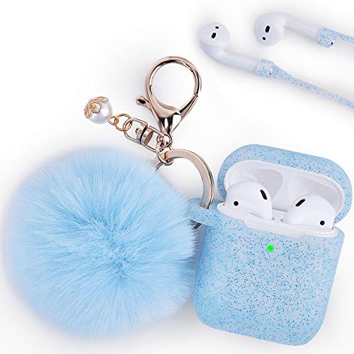 Book Cover Filoto Case for Airpods, Airpod Case Cover for Apple Airpods 2&1 Charging Case, Cute Air Pods Silicone Protective Accessories Cases/Keychain/Pompom/Strap, Best Gift for Girls&Women, Glitter Light Blue