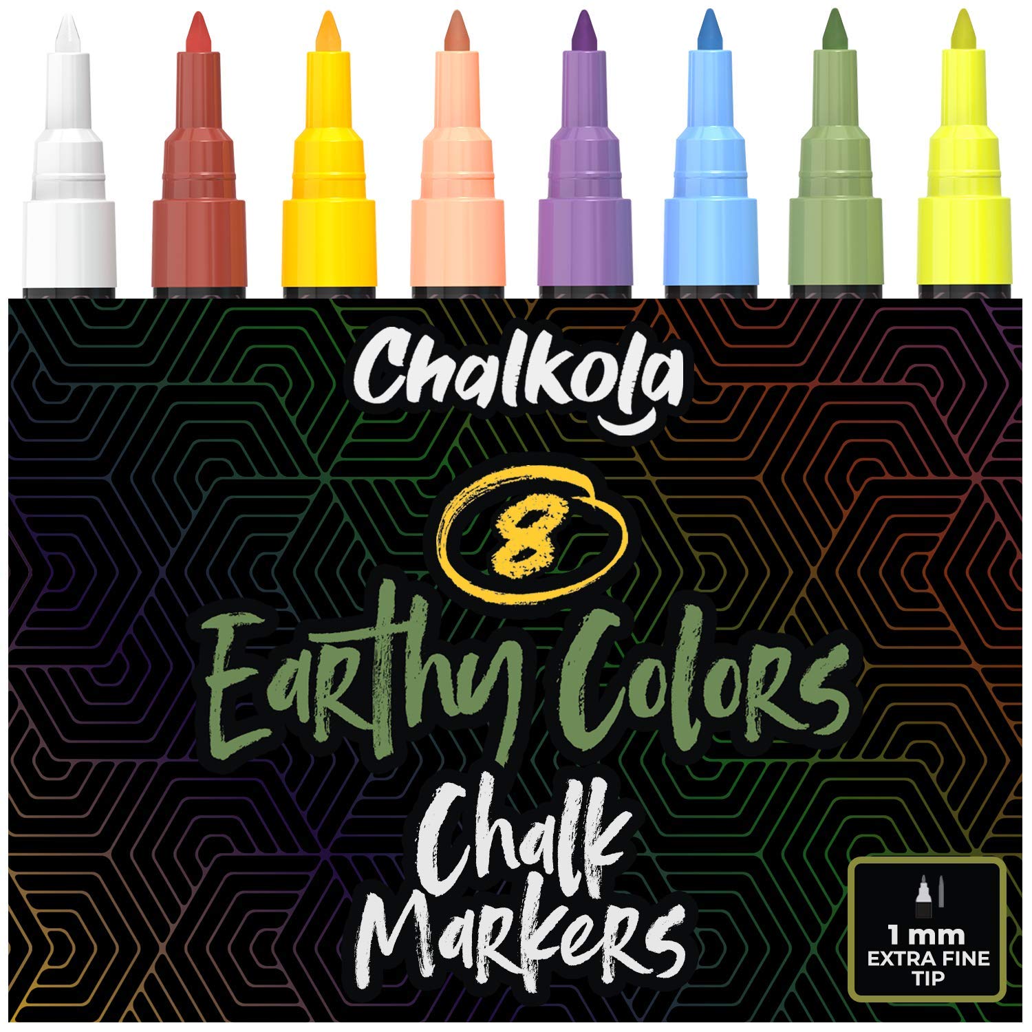 Book Cover 1mm Extra Fine Tip Chalkboard Chalk Markers (8 Pack) - Classic Earth Colors for Blackboard, Chalkboards, Windows, Glass, Bistro | Non-Toxic Wet Erase Liquid Chalk Ink Pens