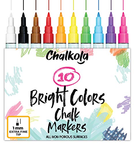 Book Cover 1mm Extra Fine Tip Chalk Markers - Pack of 10 neon Color pens | Non-Toxic, Wet Wipe | For Chalkboard, Window, Blackboards, Glass