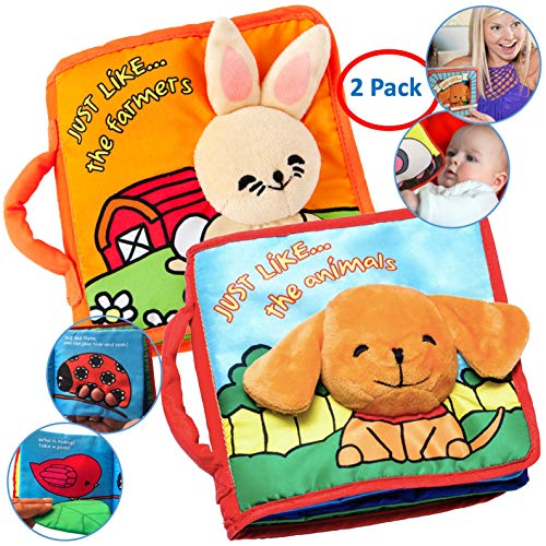 Book Cover Premium Soft Baby Book First Year, Cloth Book Bunny with Crinkly Sounds, Fun Interactive Toy, Fabric Book for Babies & Infant 1 Year Old (Boy, Girl), Cute, Touch and Feel Activity (2 Pack)
