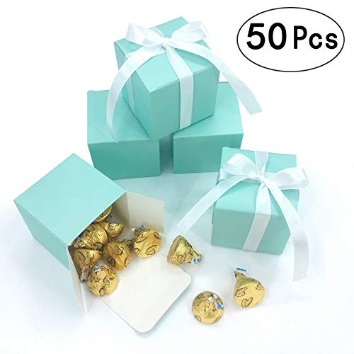 Book Cover Small Cube Turquoise Candy Treat Boxes Bulk Teal Blue Gift Boxes Wedding Favors Baby Bridal Shower Birthday Party Boxes Supplies, 50pc (Aqua Blue)