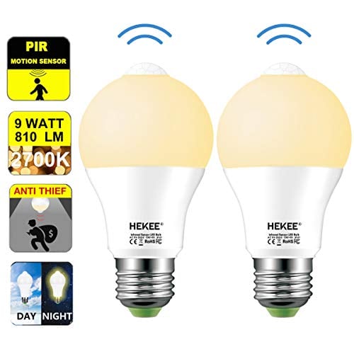 Book Cover Motion Sensor LED Light Bulb 9W A19 PIR Built-in IR 60W Equivalent Bright 810 Lumens E26 Base Warm White Bulbs(2 Packs)