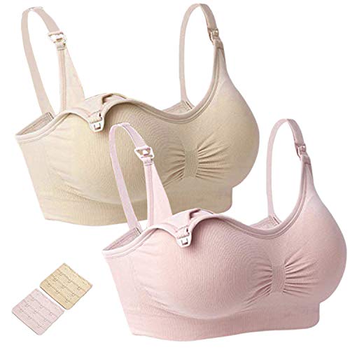 Book Cover QINREN Pack of 2Womens Plus Size Maternity Nursing Bra Sleep Padded Wireless for Breastfeeding with Adjustable Straps (X-Large, Pink&Beige)