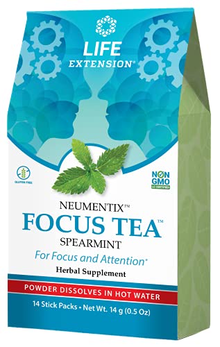 Book Cover Life Extension Focus Tea Spearmint Mix - Sugar Free Attention Boost Herbal Tea Powder Supplement - Support Memory and Concentration – Gluten-Free, Non-GMO – 14 Stick Packs