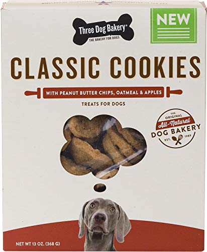 Book Cover Three Dog Bakery Classic Cookies with Peanut Butter Chips, Oatmeal, and Apple, Premium Treats for Dogs, 13 Ounce Box