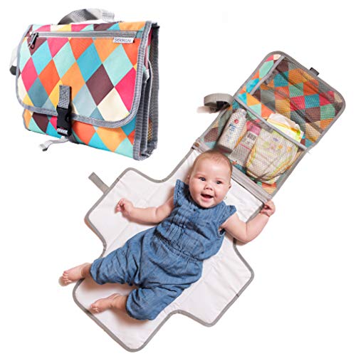 Book Cover Baby Portable Diaper Changing Pad - Light Travel Clutch and Organizer with Mesh Pockets and Waterproof Mat - Change Station Kit with Head Cushion for Newborn and Infants - Colorful Baby Shower Gift