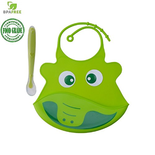 Book Cover Waterproof Soft Silicone Baby Bib With Food Catcher | Soft Baby Bibs With Food Pocket | Easy Clean Bib For Babies or Toddlers | BPA-FREE Food-Grade Silicone | BONUS 2 Baby Spoons