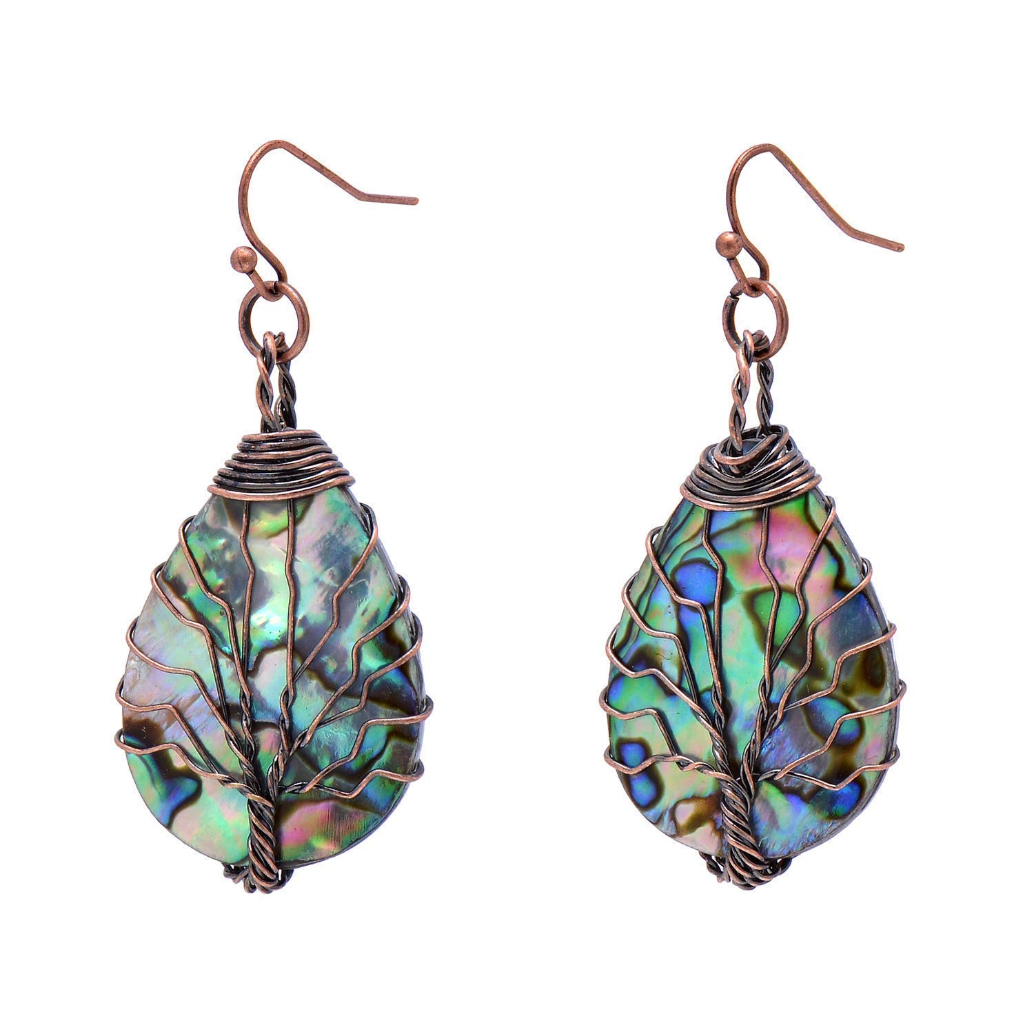 Book Cover Joseph Brothers Tree of Life Hand Wrapped Sea Abalone Shell Earrings for Women, French Wire Antiqued Copper Copper hooks -Bronze -Drop shell
