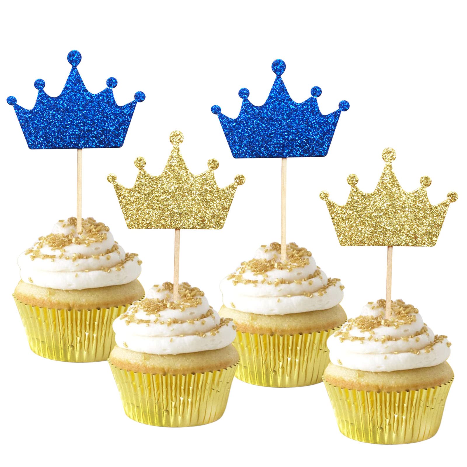 Book Cover 36-Pack Gold and Royal Blue Crown Cupcake Toppers Picks, Royal Baby Shower Birthday Party Decorations Supplies (blue)