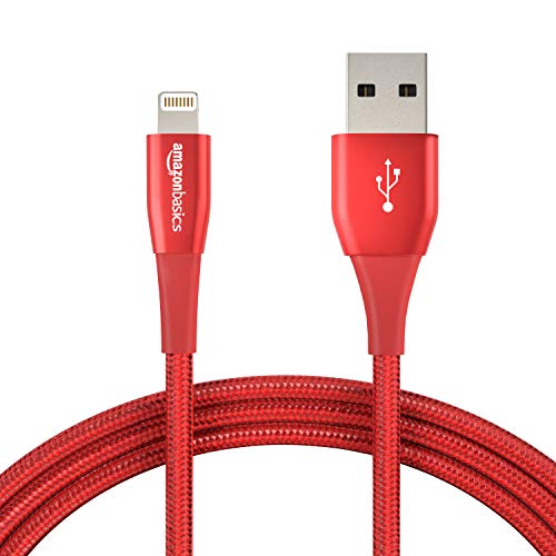 Book Cover Amazon Basics Double Nylon Braided USB A Cable with Lightning Connector, Premium Collection, MFi Certified Apple iPhone Charger, 6 Foot, Red